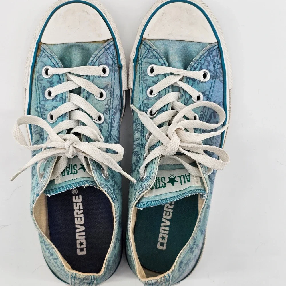 Converse Chuck Taylor All Star Womens 7 Teal Blue Script Print Low Top Sneakers - Picture 8 of 14